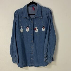 Vtg 90s Button‎ Up Denim Shirt Snowmen Embroidery Women 2X Boho Holidays Novelty